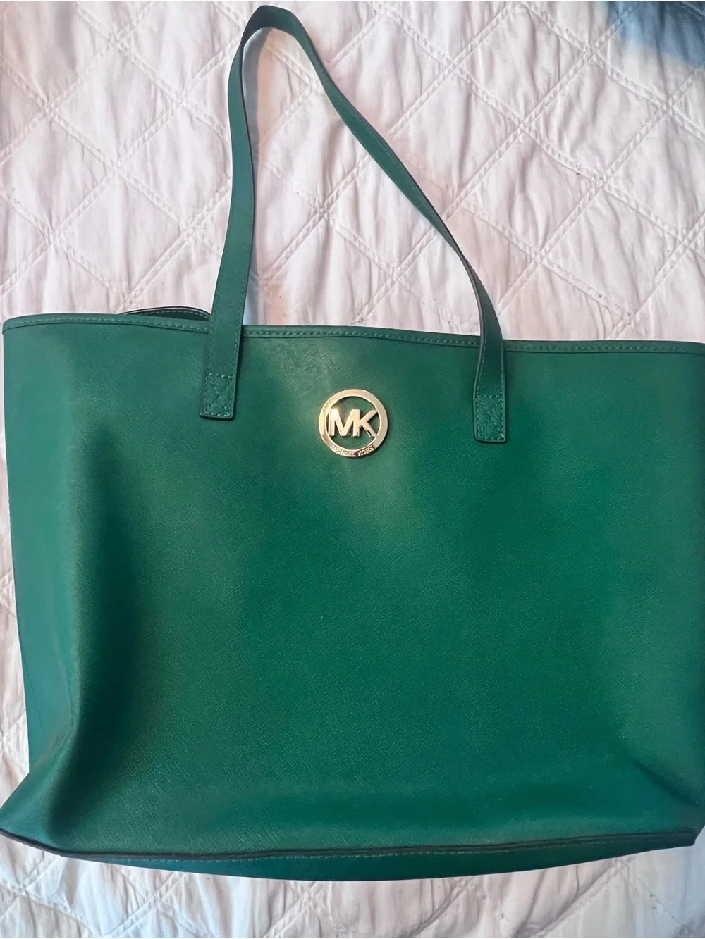 Michael Kors Green Leather Tote with Gold MK Emblem
